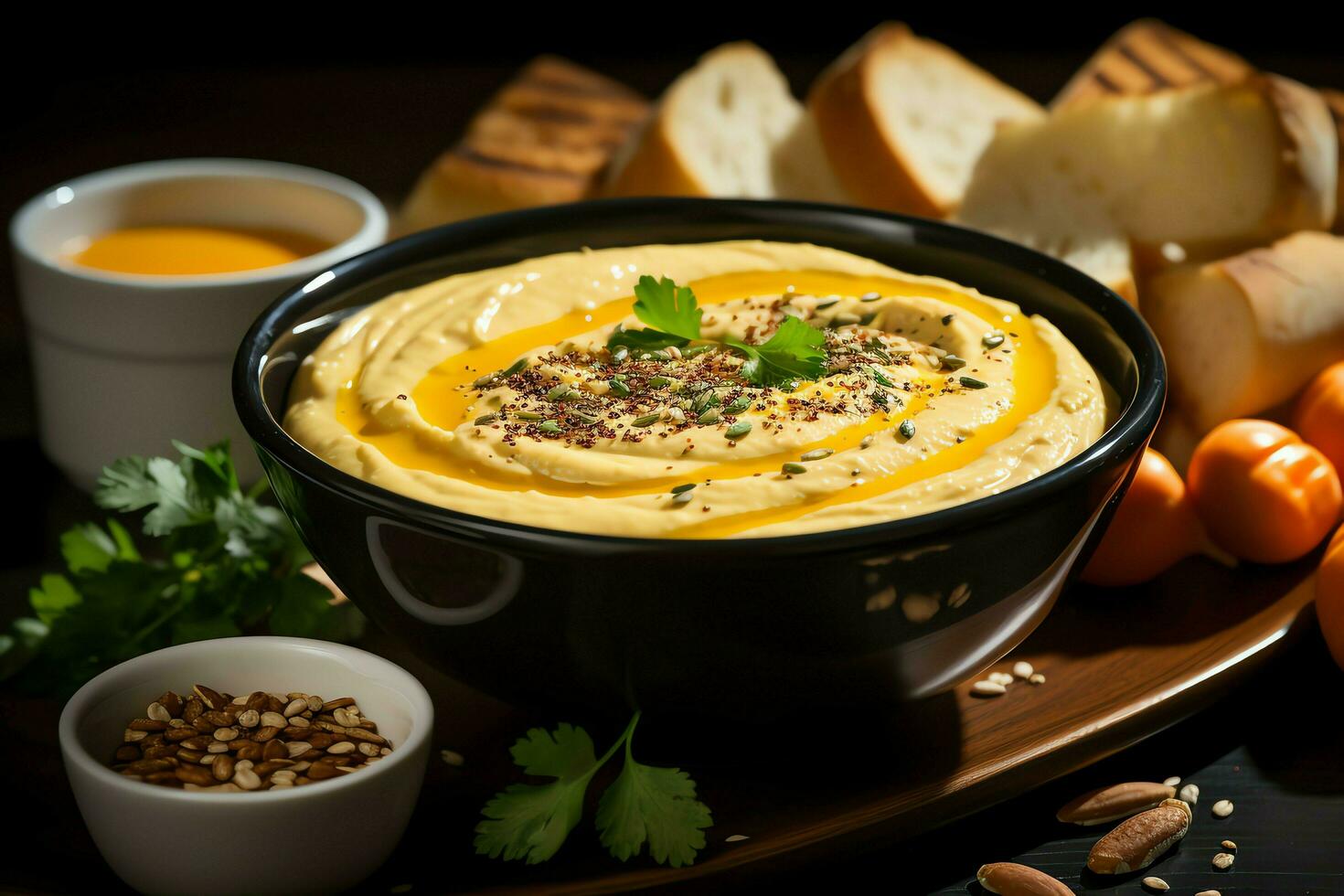 A delicious pumpkin soup food cream in a bowl. Winter food and high healthy soup meal concept by AI Generated photo