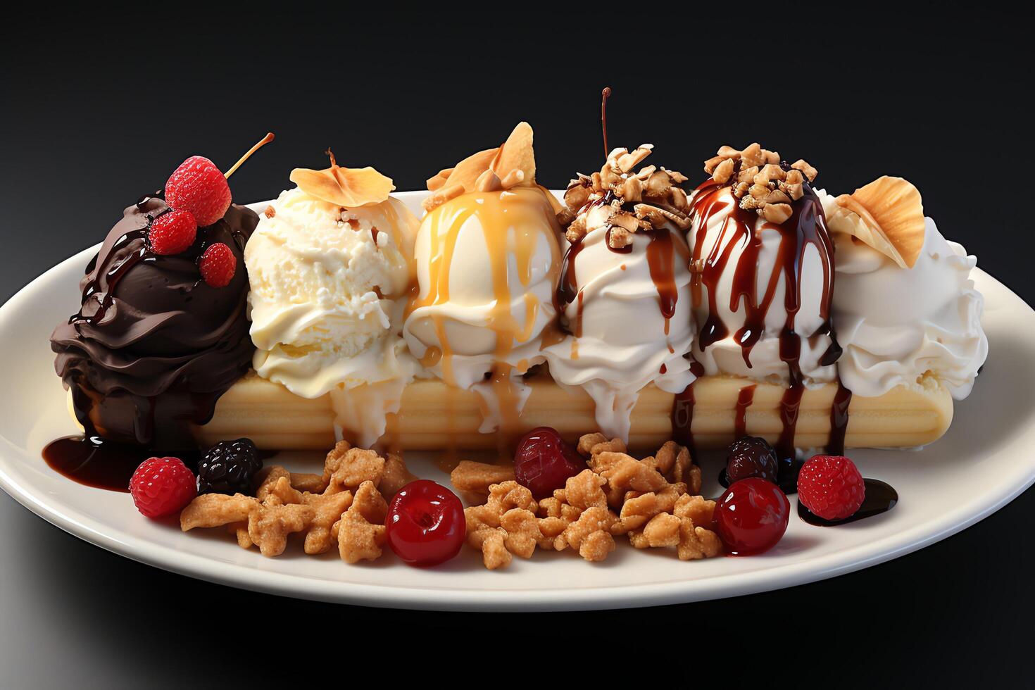 A delicious Banana split ice cream dessert with chocolate syrup. Banana split ice cream dessert by photo