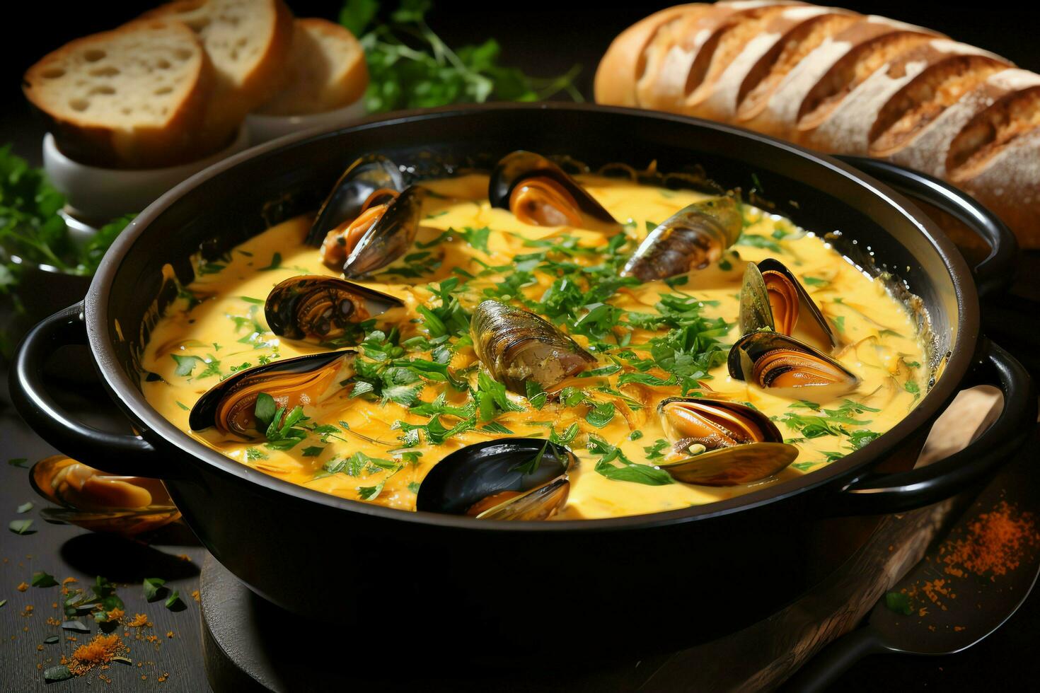 A delicious bouillabaisse soup food in a bowl. Marseille food and healthy protein soup meal concept by AI Generated photo