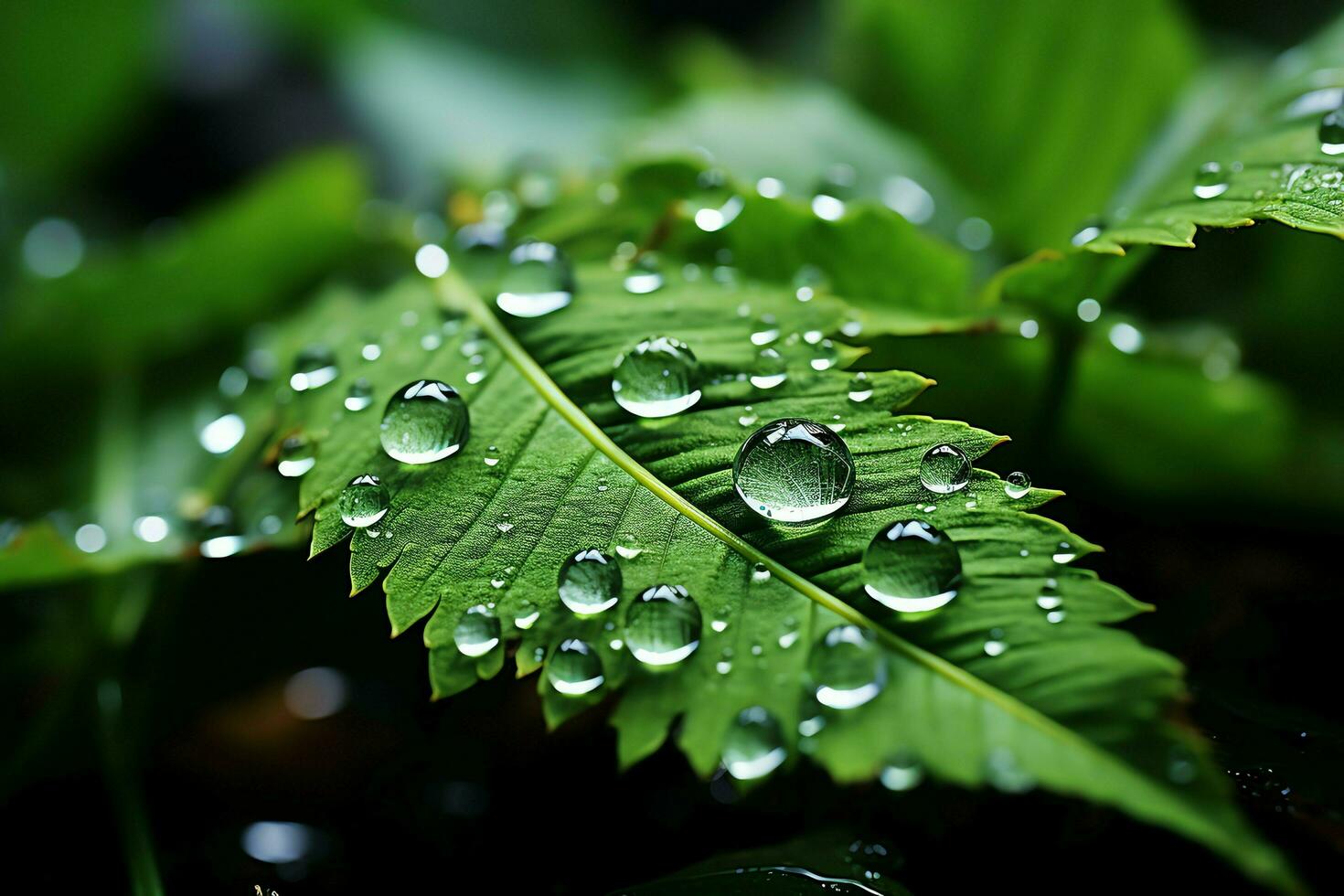 Macro shot of green leaves with water droplets, dew or rain drop on them. Green leaf nature forest concept by AI Generated photo