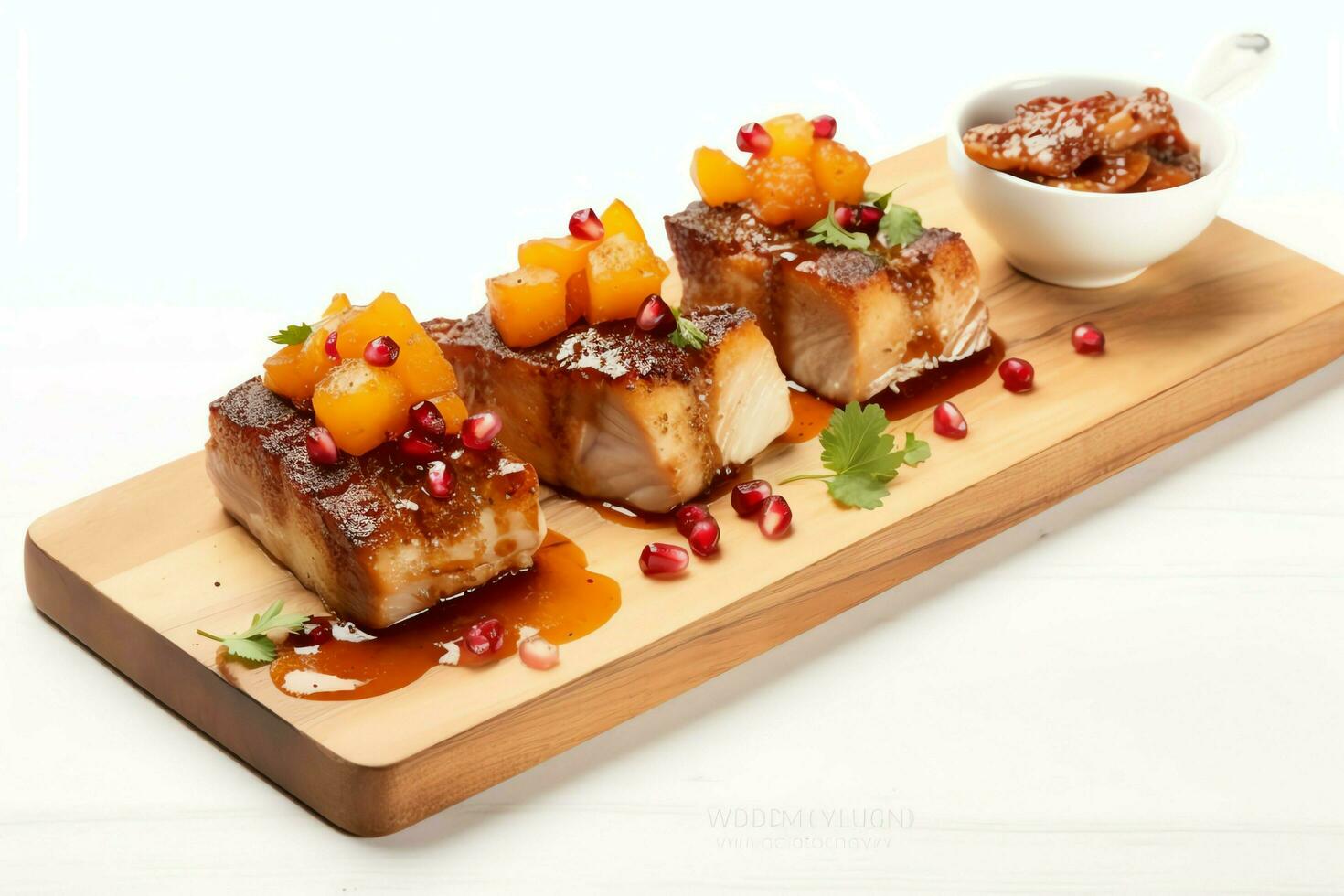 Pork belly braaivleis with mango and chili sauce served on a wooden plank. Restaurant food concept by AI Generated photo