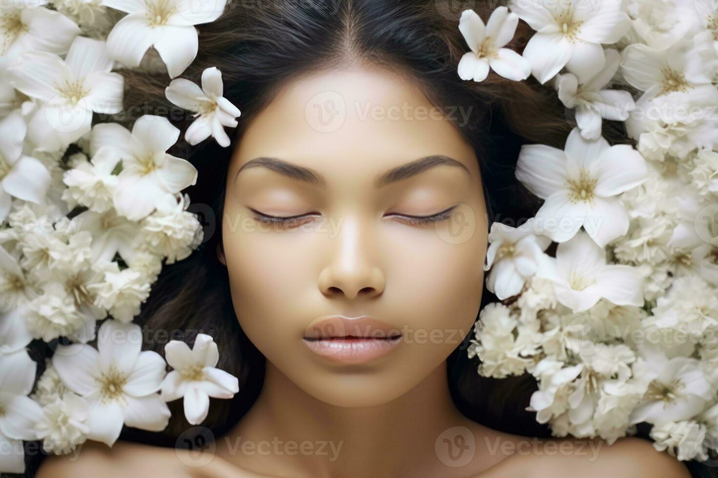 un mujer acostado abajo con su ojos cerrado, vistiendo un guirnalda de hermosa blanco flores su pacífico expresión y el suave pétalos de el flores crear un sereno y tranquilo atmósfera. foto