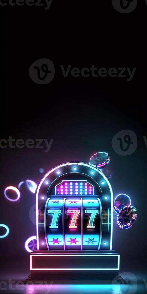 Glowing Neon Casino Slot Machine with 777 Symbol, Floating Poker Chips or Token on Dark Background. Technology. photo