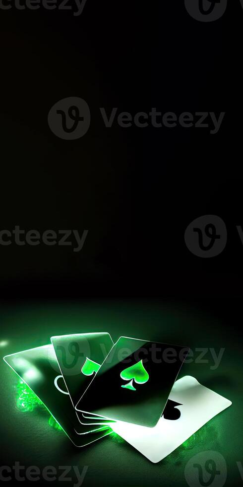 Glowing Playing Cards and Copy Space on Green Background for Gambling Concept. Technology. photo