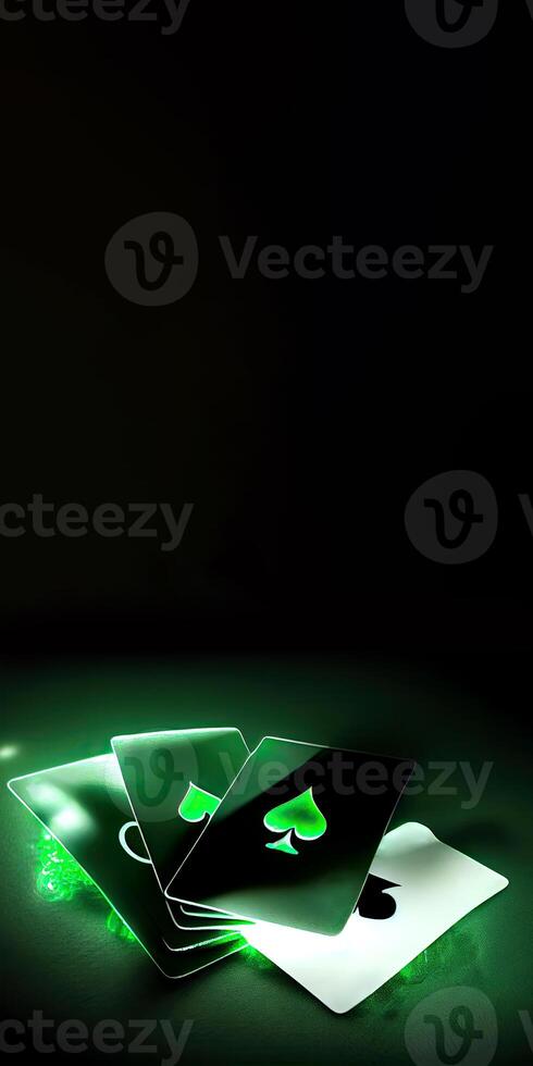 Glowing Playing Cards and Copy Space on Green Background for Gambling Concept. Generative AI Technology. photo