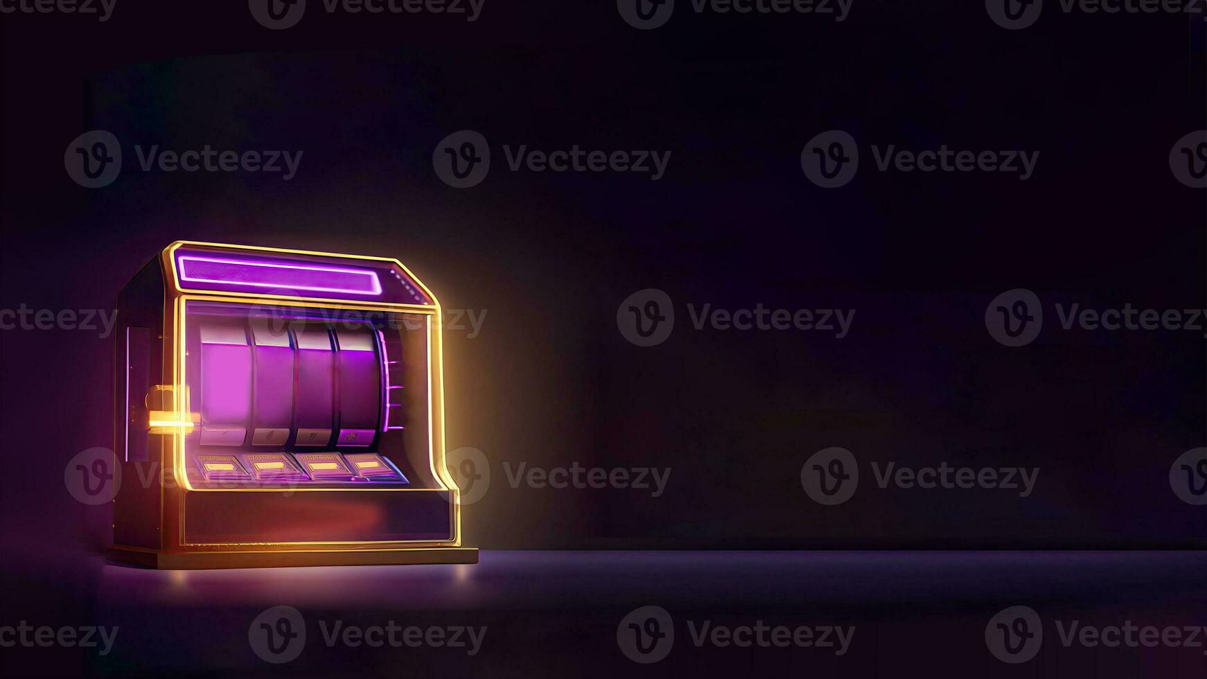 Purple and Golden Shiny Empty Slot Machine on Dark Background with Copy Space. Casino Game Concept, Generative AI Technology. photo