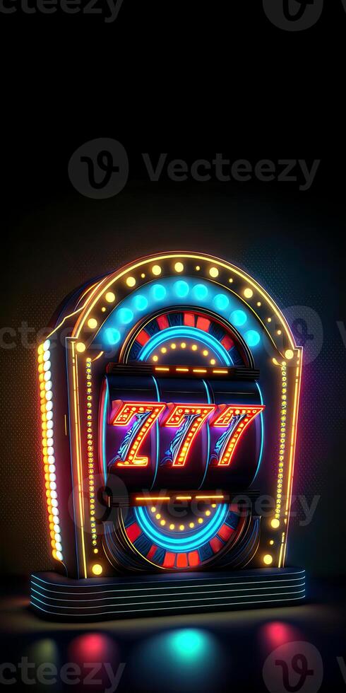 Neon Lighting Slot Machine with 777 Symbol Jackpot on Dark Background. Casino Game Concept, Technology. photo