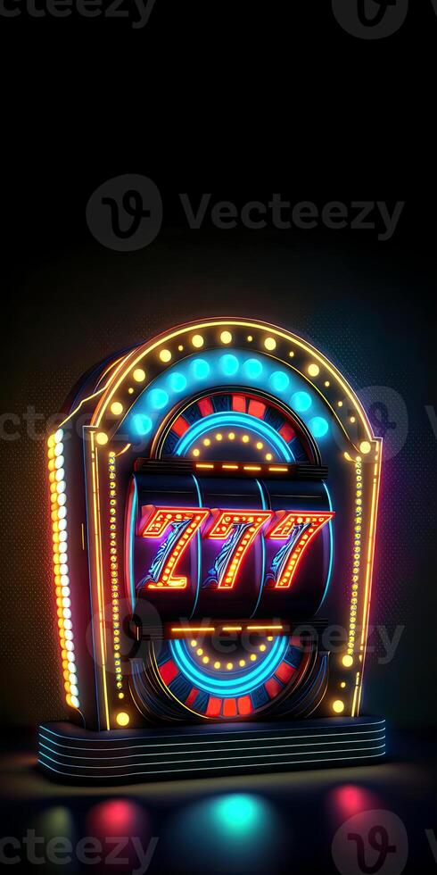 Neon Lighting Slot Machine with 777 Symbol Jackpot on Dark Background. Casino Game Concept, Generative AI Technology. photo