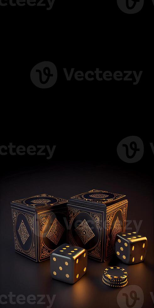 Black and Golden Combination of Playing Card Boxes with Dice, Poker Chips on Dark Background. Casino Game or Gambling Concept. . photo