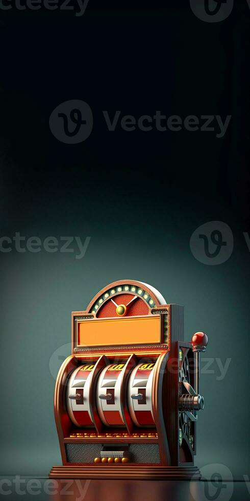 Casino Slot Machine or Lucky One Armed Bandit on Dark Background and Copy Space. Vertical Banner Design. Generative AI Technology. photo