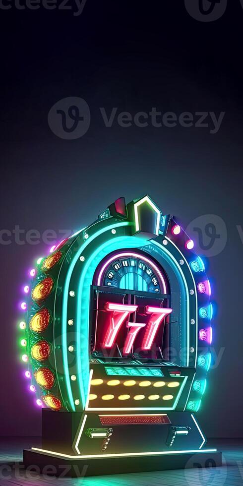 Neon Lighting Slot Machine with 777 Symbol Jackpot on Dark Background. Casino Game Concept, Generative AI Technology. photo