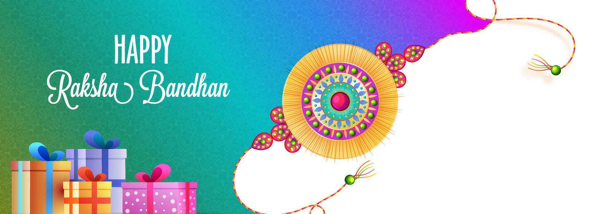 Happy Raksha Bandhan Celebration Concept with Beautiful Rakhi, Gift Boxes on Abstract Gradient Background. Indian Festival Banner or Header Design. vector
