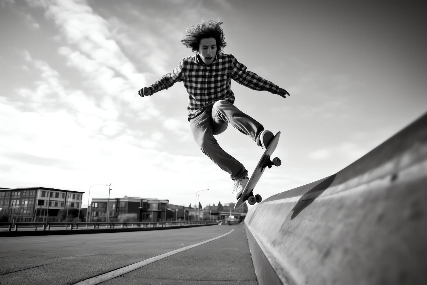 A caucasian man doing tricks or jumping on a skateboard at the street. Young man with skater jumping concept by photo