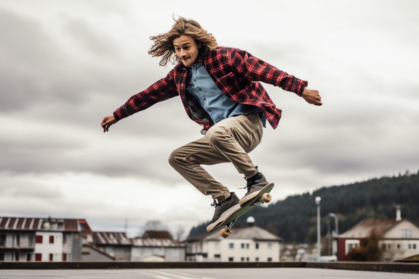 A caucasian man doing tricks or jumping on a skateboard at the street. Young man with skater jumping concept by photo