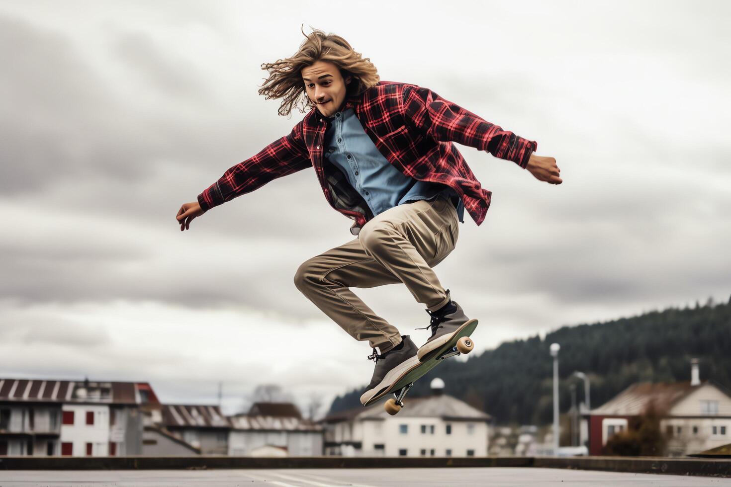 A caucasian man doing tricks or jumping on a skateboard at the street. Young man with skater jumping concept by AI Generated photo