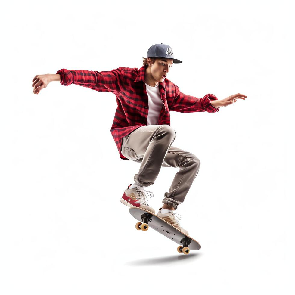 A caucasian man doing tricks or jumping on a skateboard at the street. Young man with skater jumping concept by photo