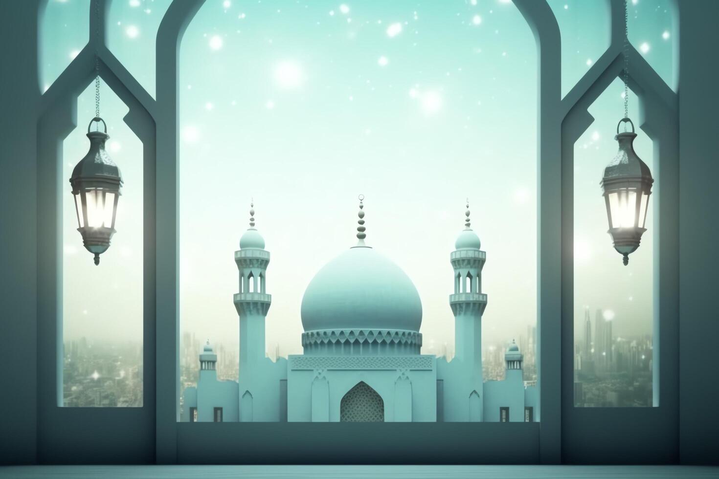 Eid mubarak and ramadan kareem greetings with islamic lantern and mosque. Eid al fitr background. Eid al fitr background of window concept by photo