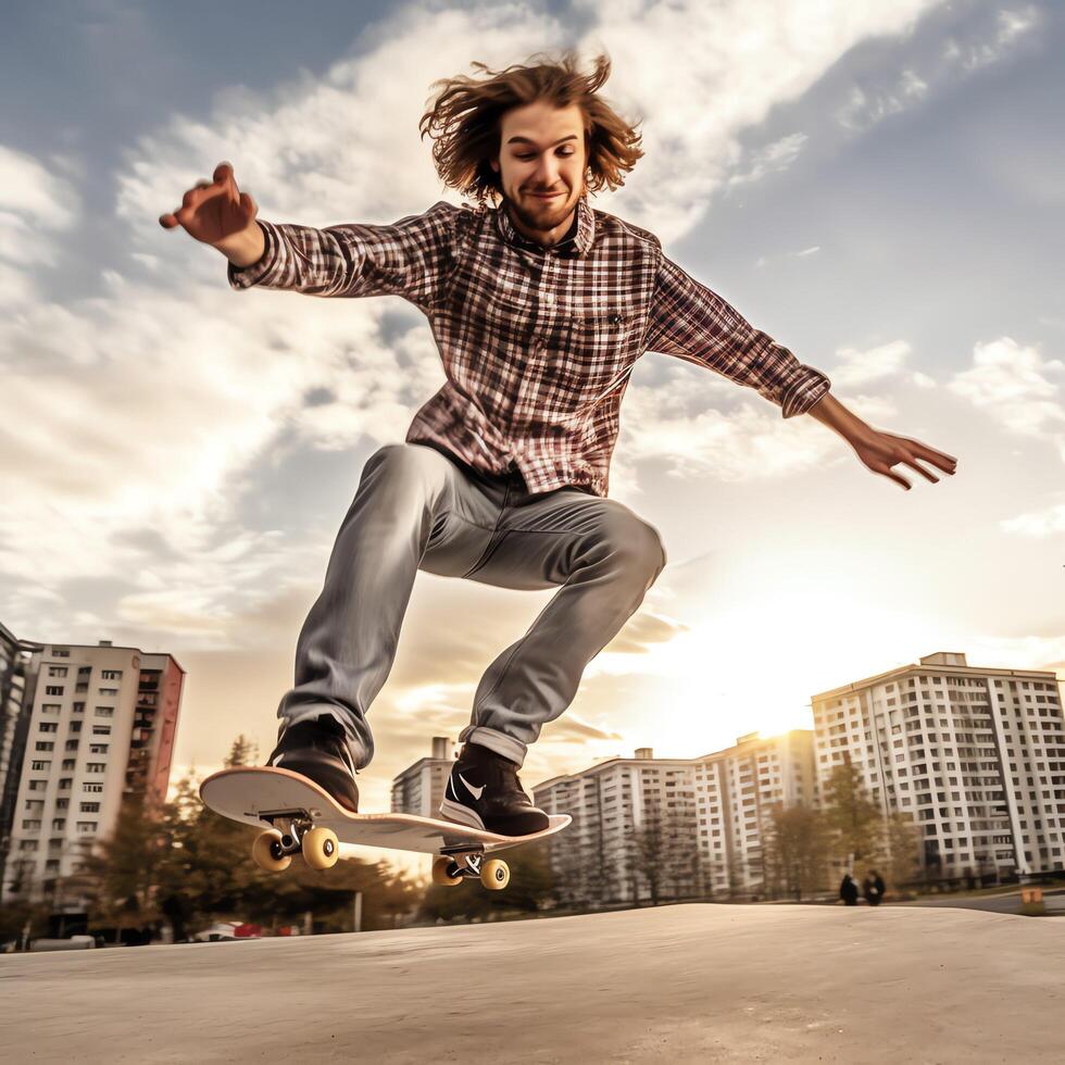 A caucasian man doing tricks or jumping on a skateboard at the street. Young man with skater jumping concept by photo