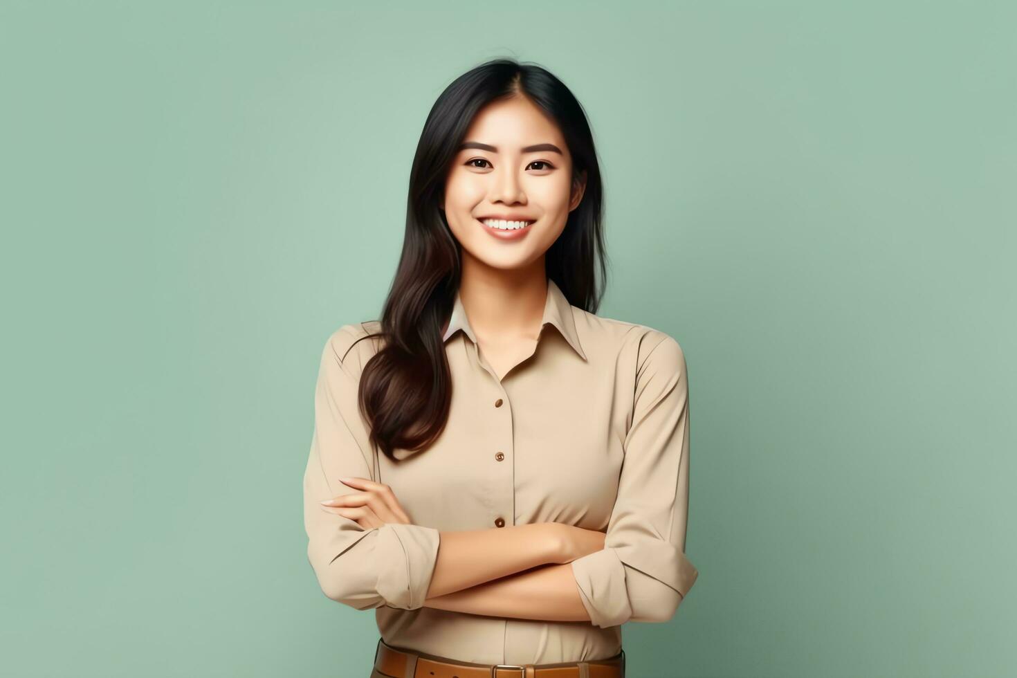 Beautiful asian woman in casual with smile cheerful. Studio shot asian woman standing hand gesture concept by AI Generated photo
