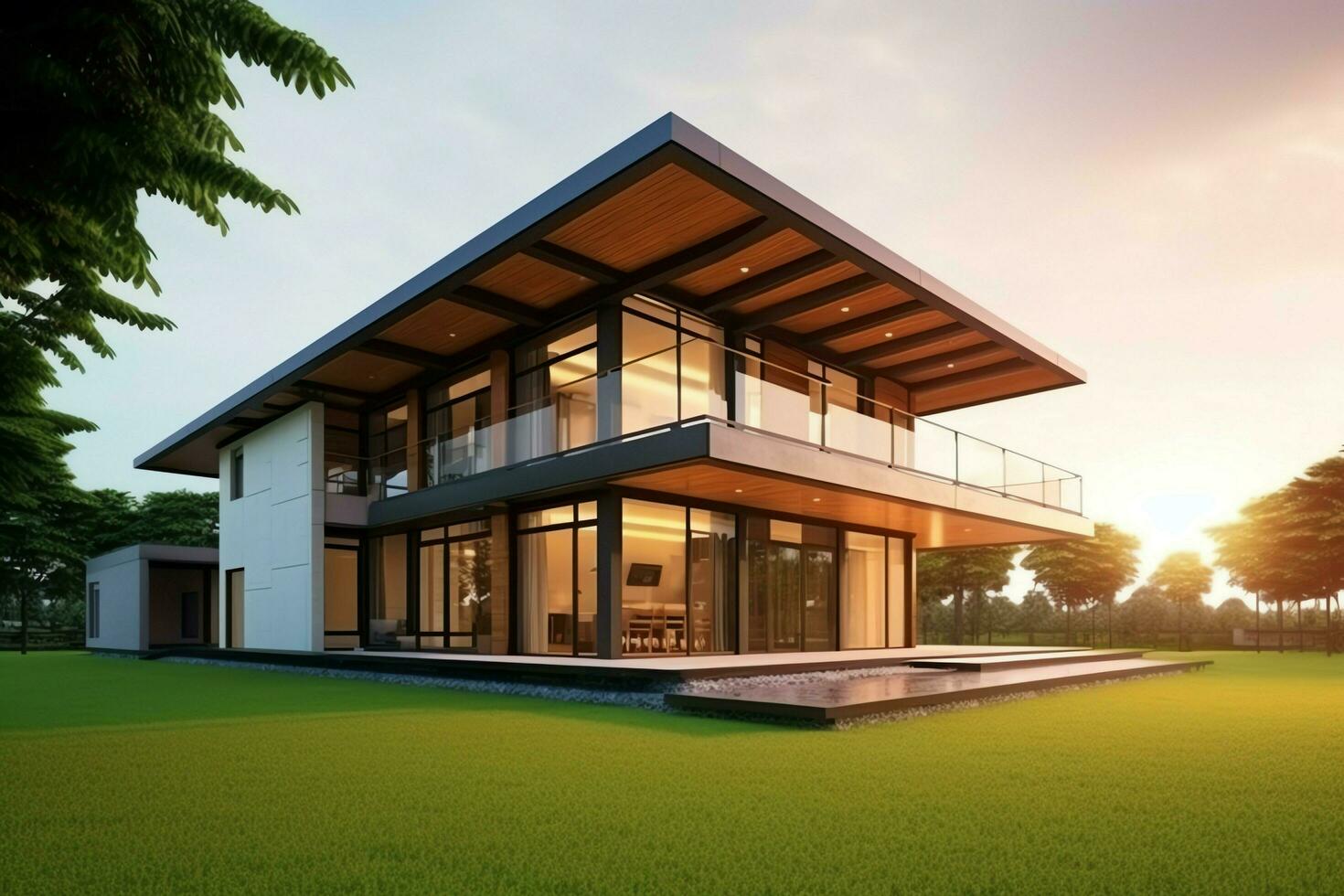 Beautiful modern house exterior with grass. field Modern residential district and minimalist building concept by AI Generated photo