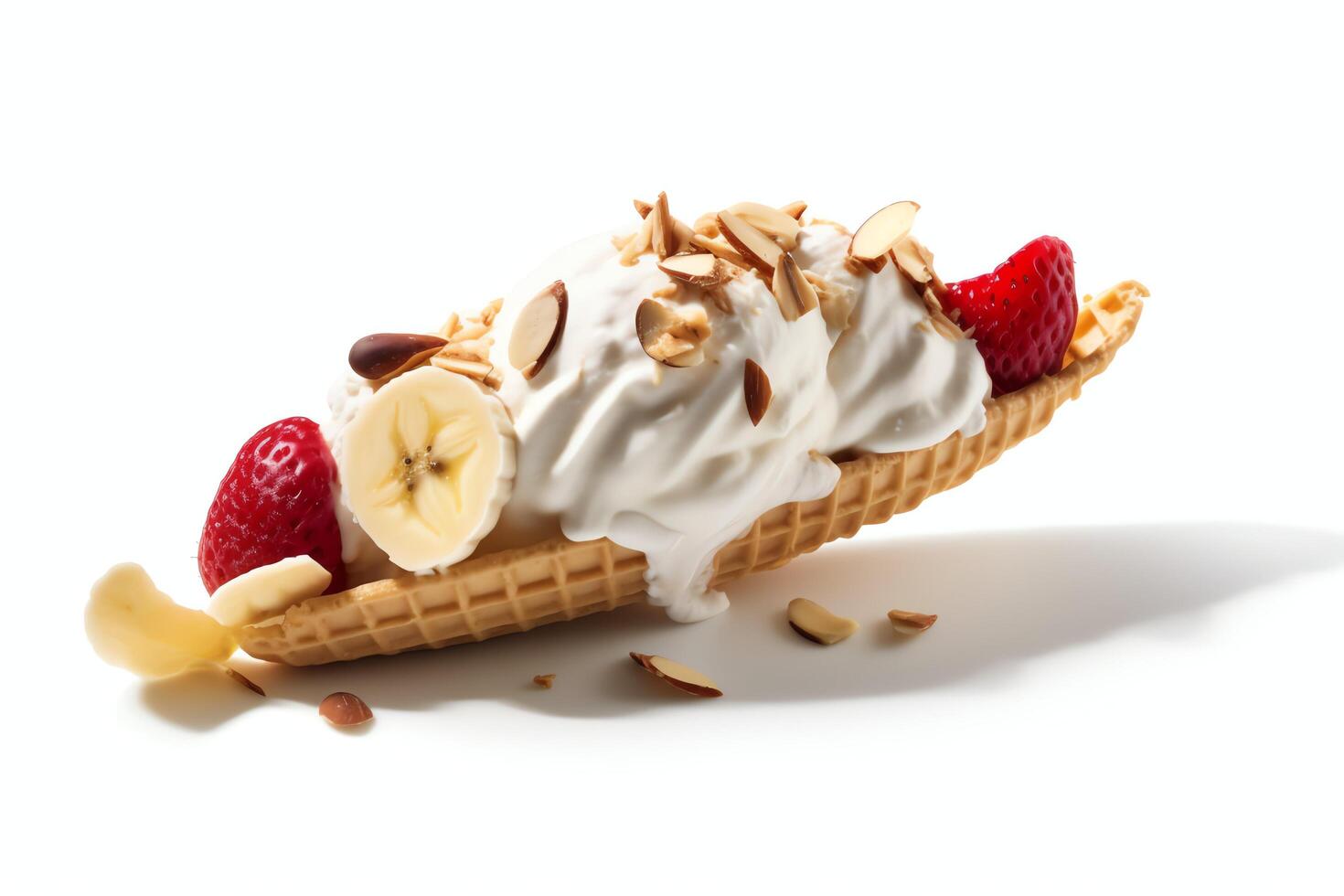 A delicious Banana split ice cream dessert with chocolate syrup. Banana split ice cream dessert by AI Generated photo