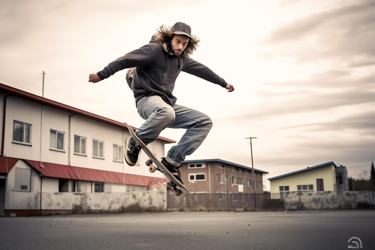 A caucasian man doing tricks or jumping on a skateboard at the street. Young man with skater jumping concept by photo