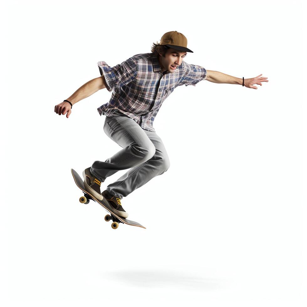 A caucasian man doing tricks or jumping on a skateboard at the street. Young man with skater jumping concept by photo