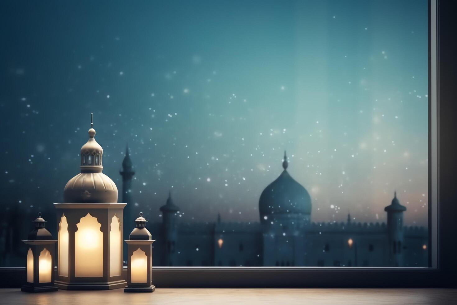 Eid mubarak and ramadan kareem greetings with islamic lantern and mosque. Eid al fitr background. Eid al fitr background of window concept by photo