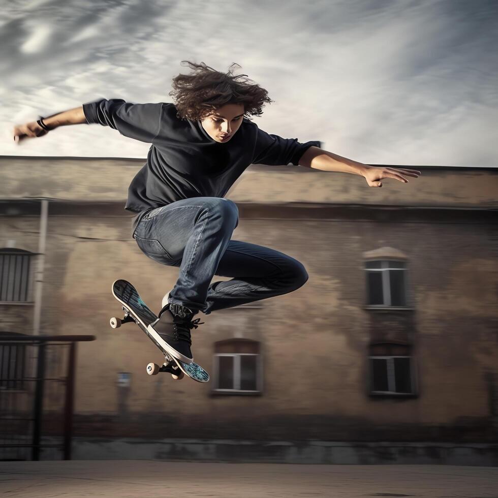 A caucasian man doing tricks or jumping on a skateboard at the street. Young man with skater jumping concept by photo
