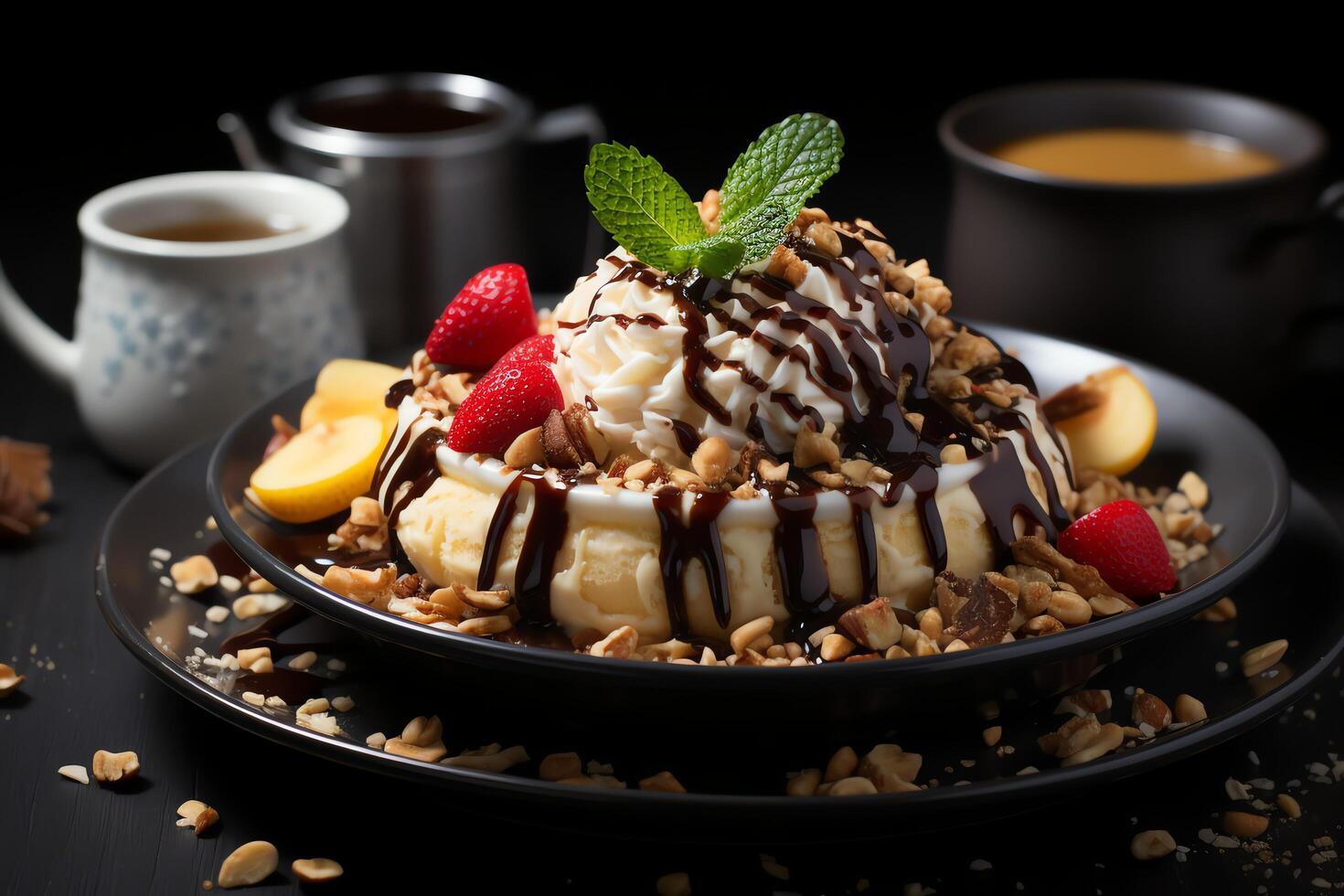 A delicious Banana split ice cream dessert with chocolate syrup. Banana split ice cream dessert by photo