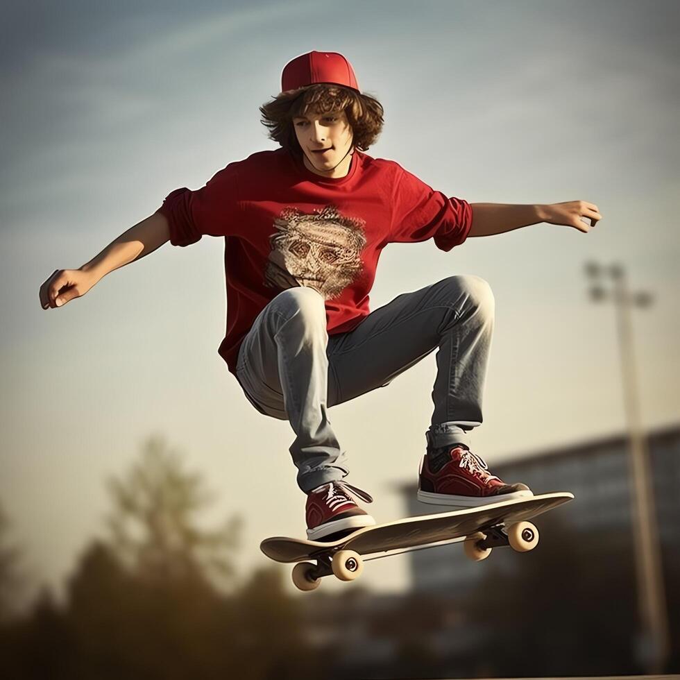 A caucasian man doing tricks or jumping on a skateboard at the street. Young man with skater jumping concept by photo