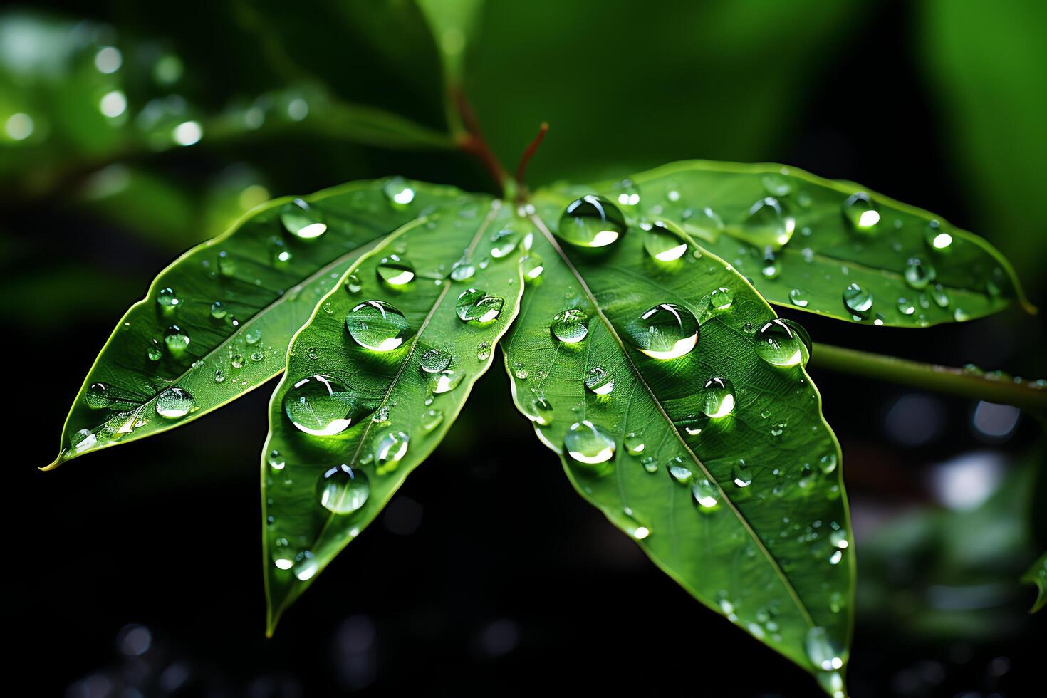 Macro shot of green leaves with water droplets, dew or rain drop on them. Green leaf nature forest concept by AI Generated photo