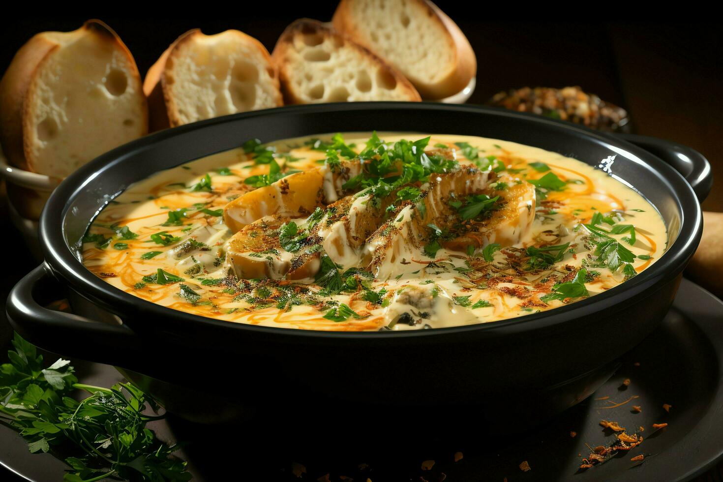 A delicious bouillabaisse soup food in a bowl. Marseille food and healthy protein soup meal concept by AI Generated photo