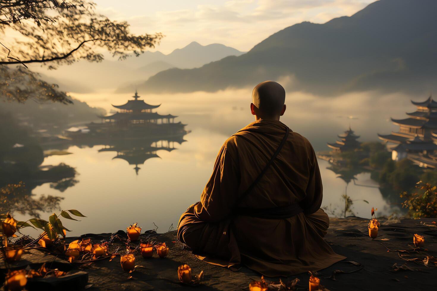 A buddha sits in the mountain with a lotus and candles. Background for vesak celebration. Vesak day concept. Vesak celebration day greetings concept by photo