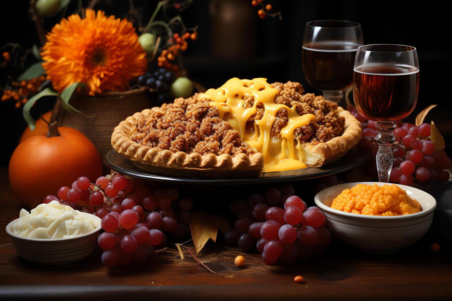 Thanksgiving day meal with pie, pumpkin, oranges, or roasted chicken in oven form. Thanksgiving food concept by photo
