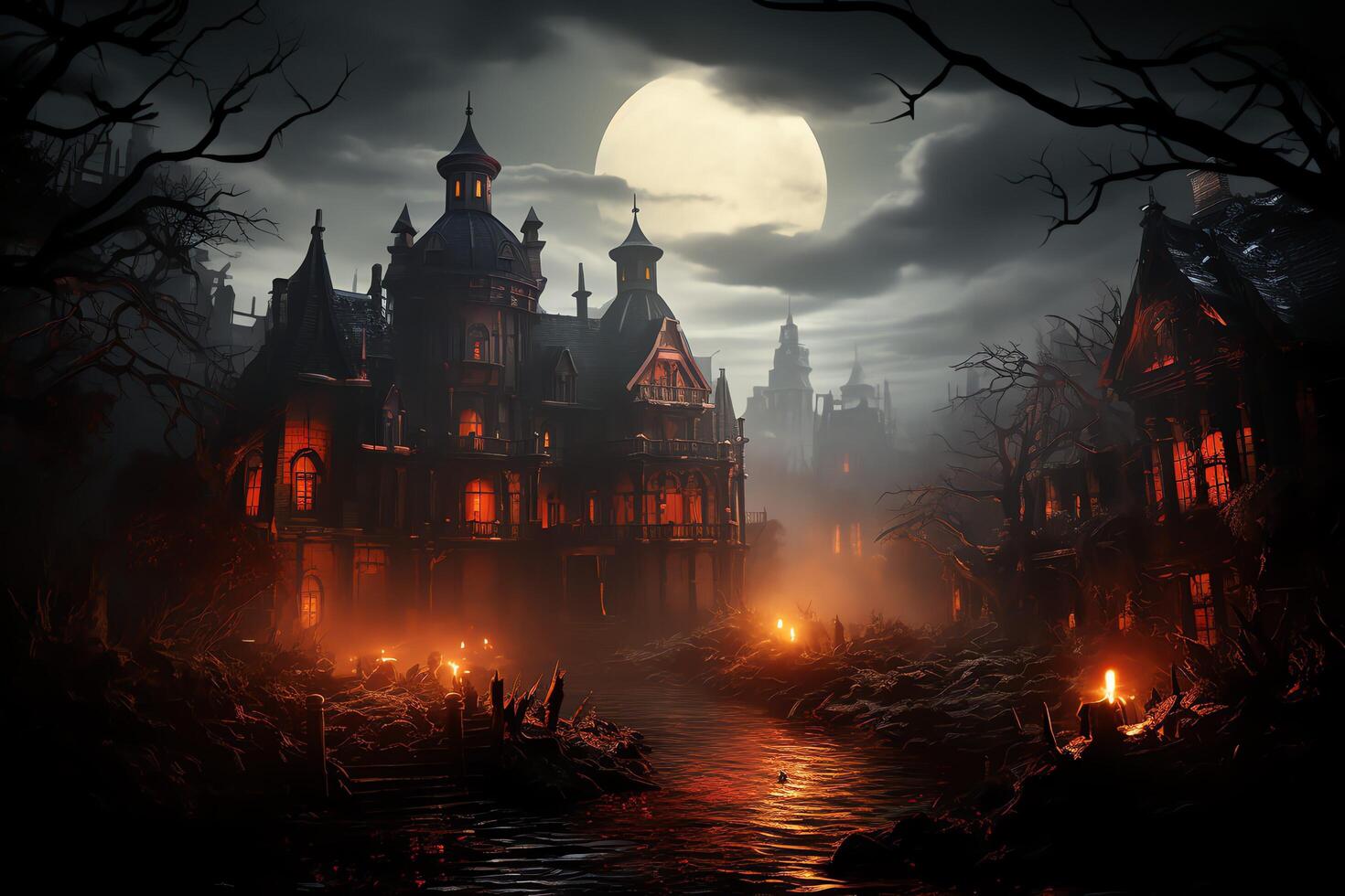 Haunted house on halloween celebration concept. Spooky house halloween background with deserted building and pumpkin. Scary house with creepy building at night by AI generated photo