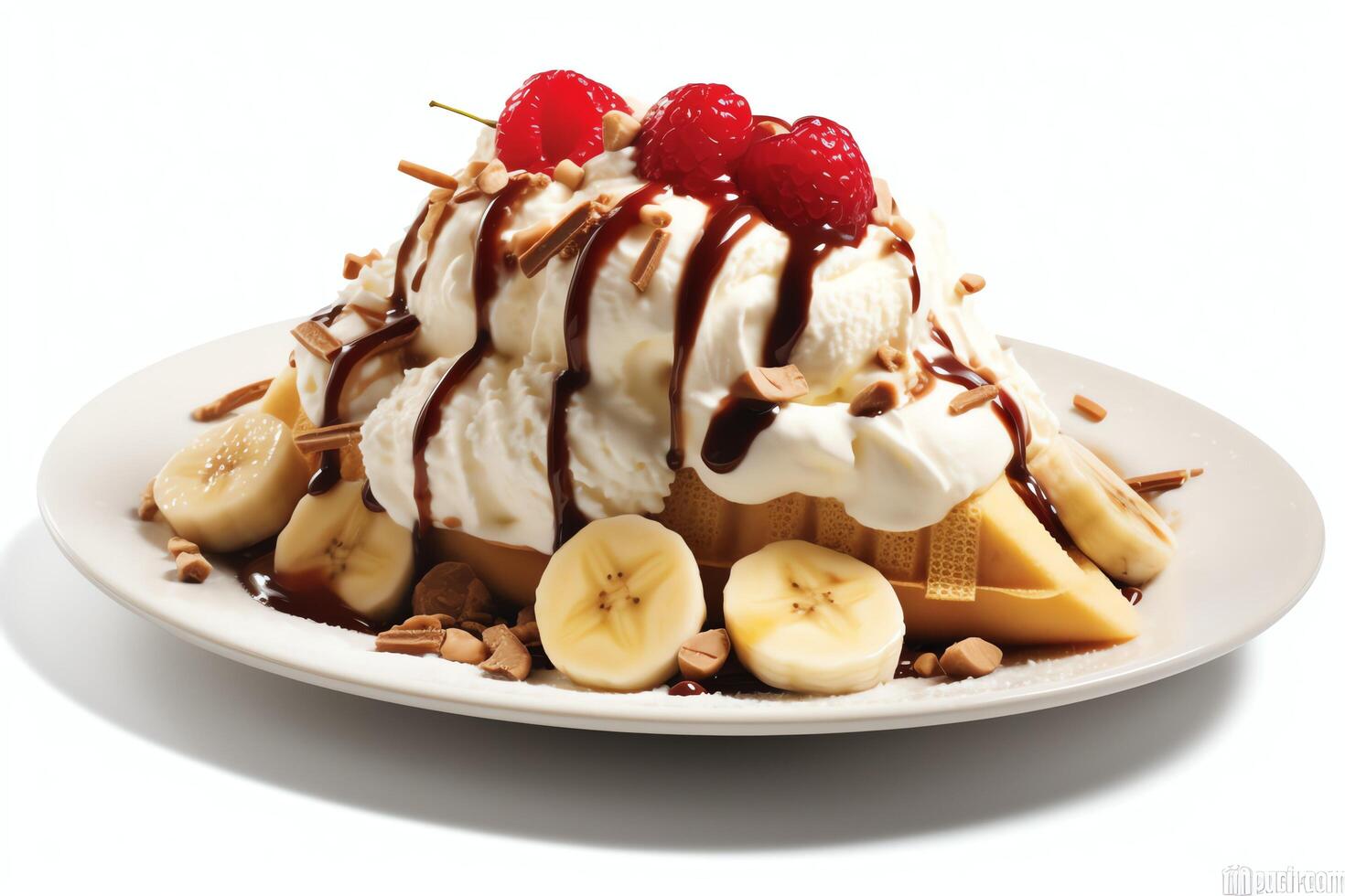 A delicious Banana split ice cream dessert with chocolate syrup. Banana split ice cream dessert by AI Generated photo