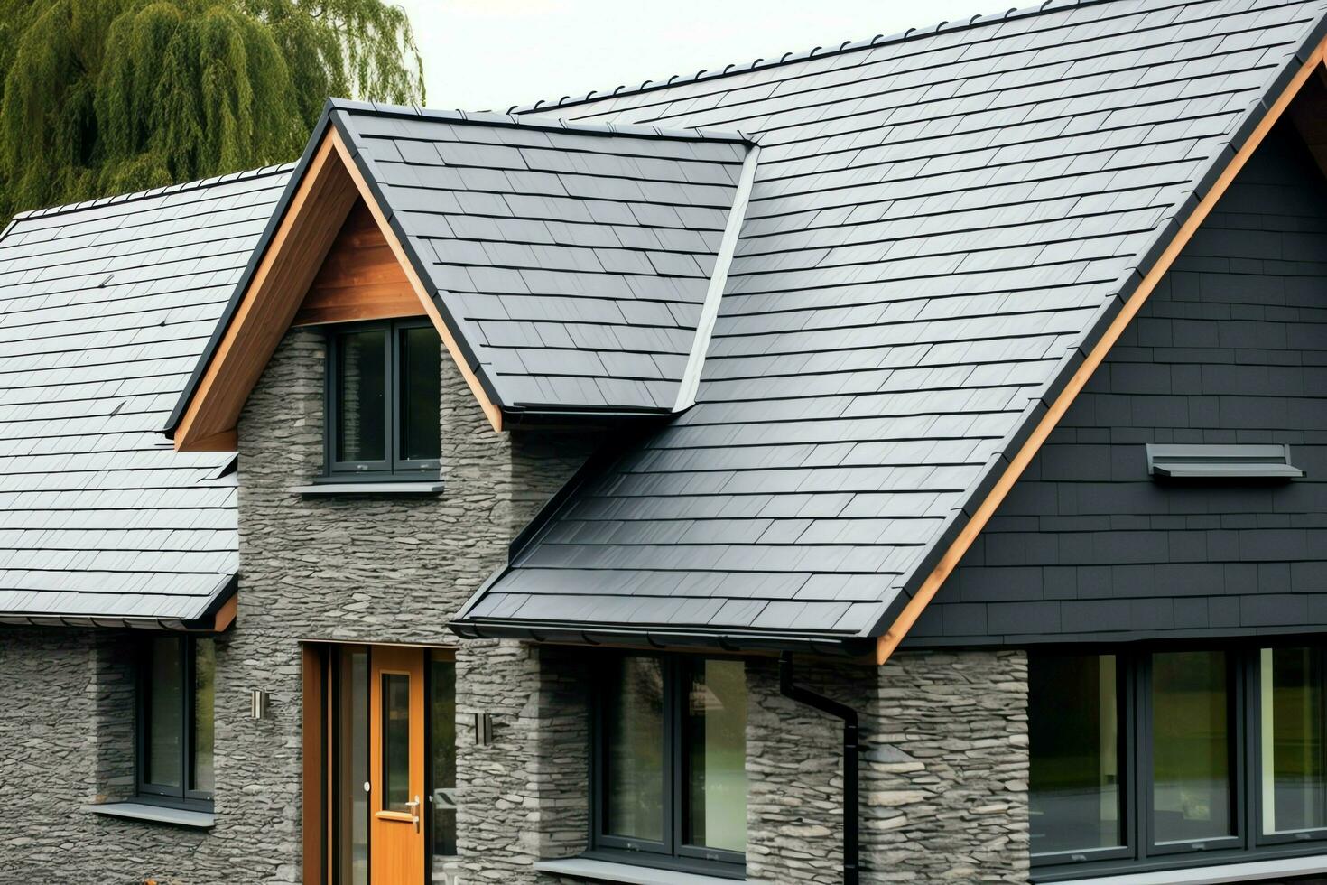 A modern private house is covered with metal tiles roofing or grey slate roof. Vintage curved frame concept by AI Generated photo