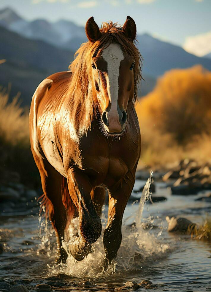 A wild horse running in the creek. Wild or farm animals concept by AI Generated photo