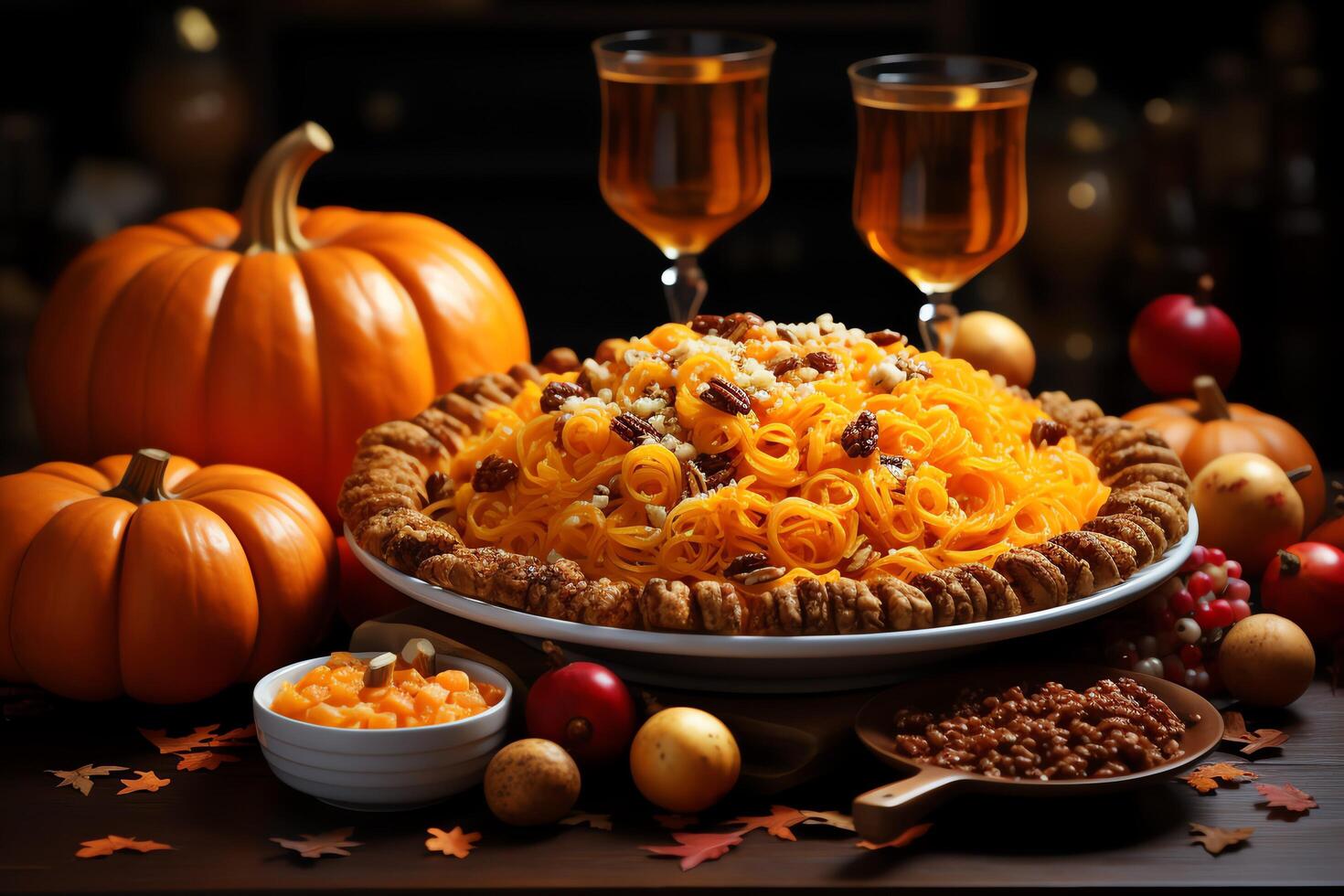 Thanksgiving day meal with pie, pumpkin, oranges, or roasted chicken in oven form. Thanksgiving food concept by photo