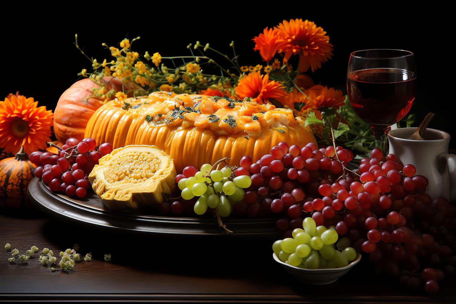 Thanksgiving day meal with pie, pumpkin, oranges, or roasted chicken in oven form. Thanksgiving food concept by photo