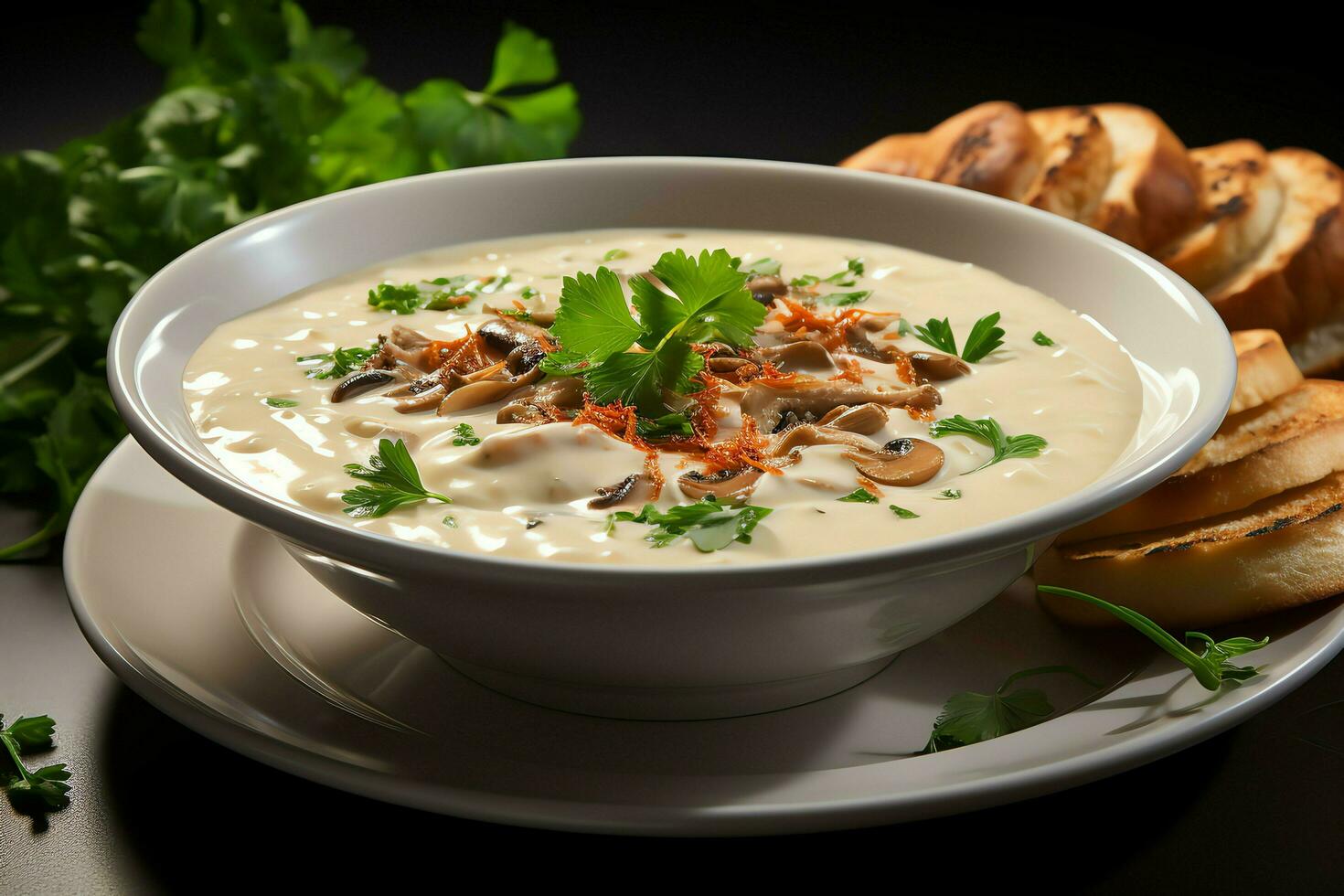 A delicious chicken soup food with vegetables in a bowl. Winter food and high protein soup meal concept by AI Generated photo