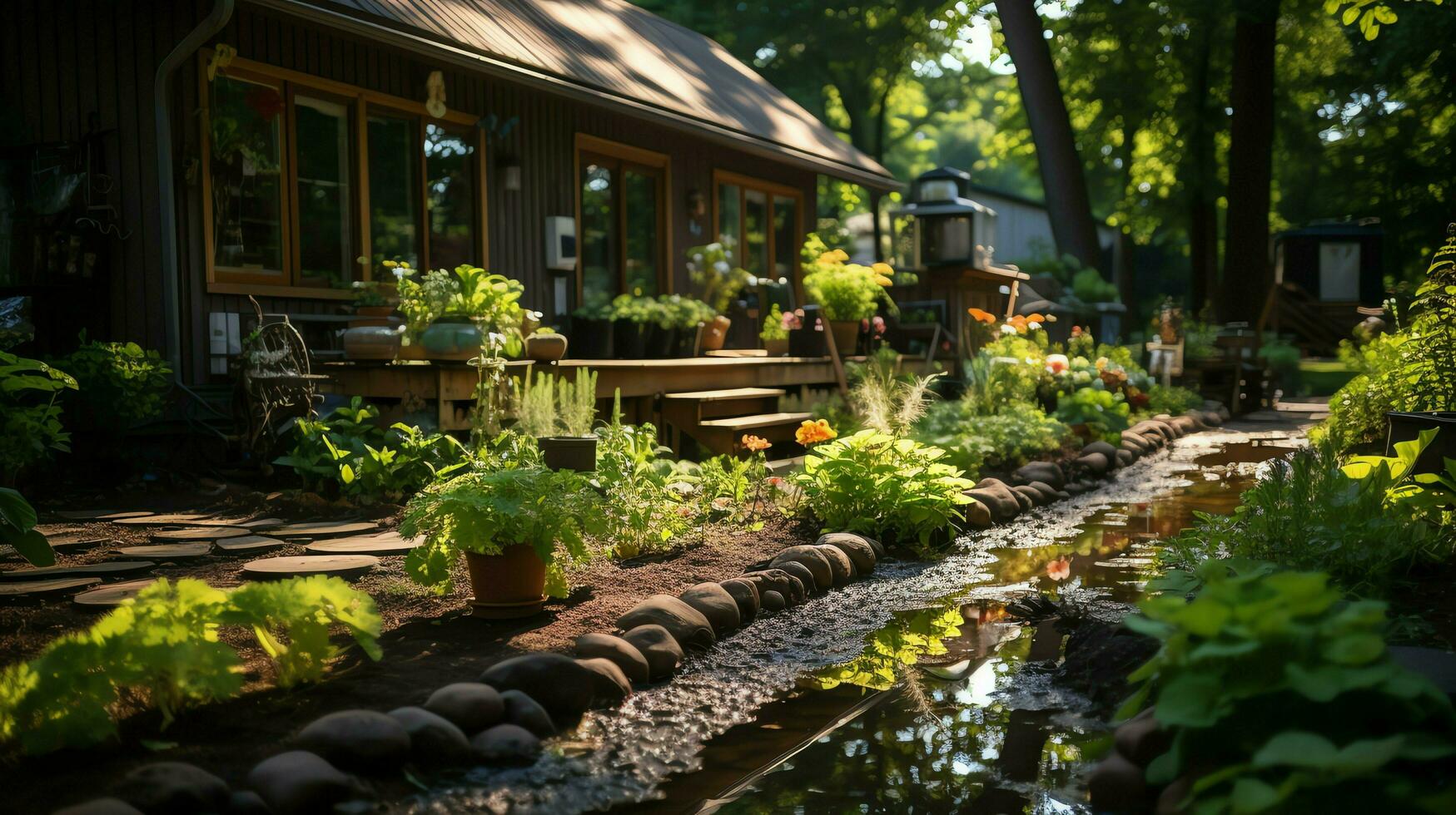 de madera casa en pueblo con plantas y flores en patio interior jardín. jardín y flor en rural casa concepto por ai generado foto