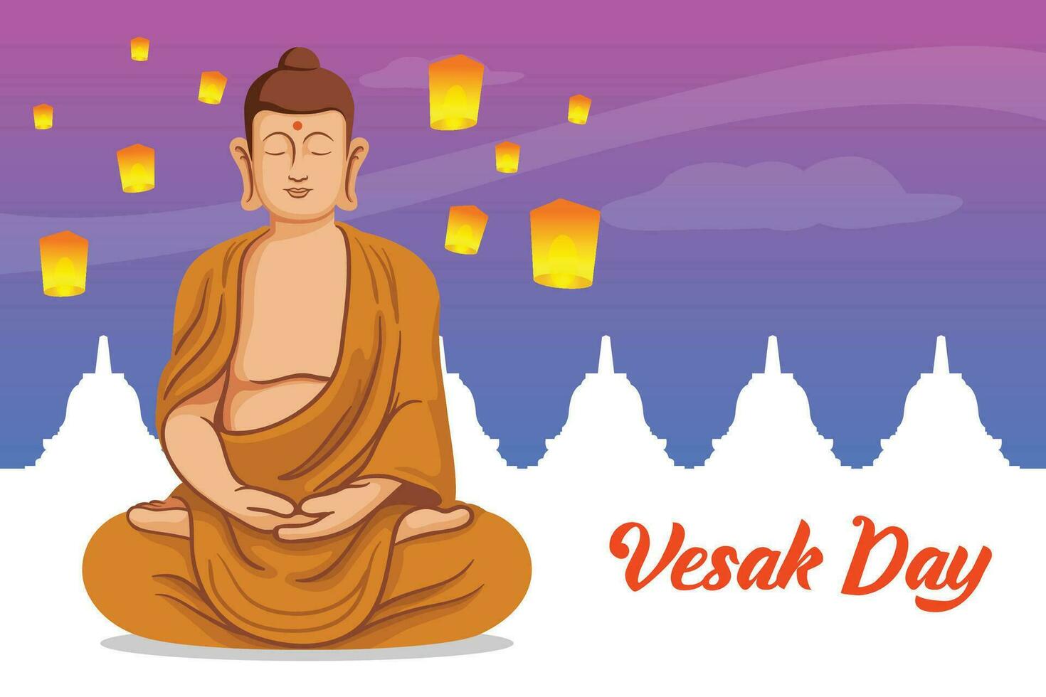 Sitting Buddha In Front Of Flying Vesak Lantern vector