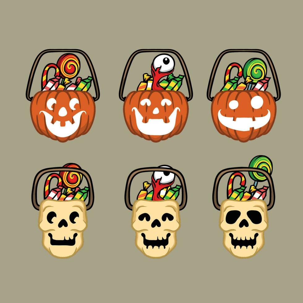 Pumpkins And Skull Halloween Basket vector