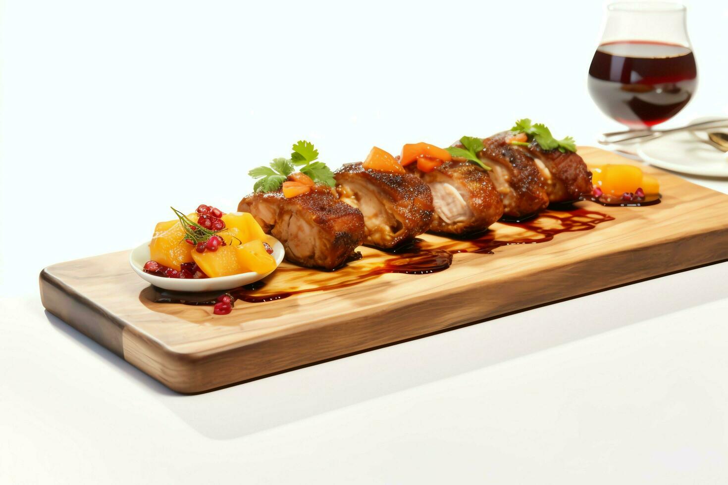 Pork belly braaivleis with mango and chili sauce served on a wooden plank. Restaurant food concept by AI Generated photo