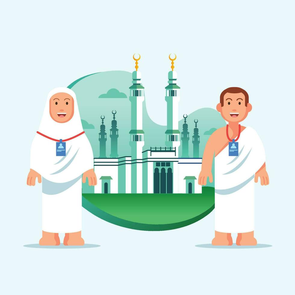 Couple Hajj Pilgrim At Great Mosque Of Mecca vector