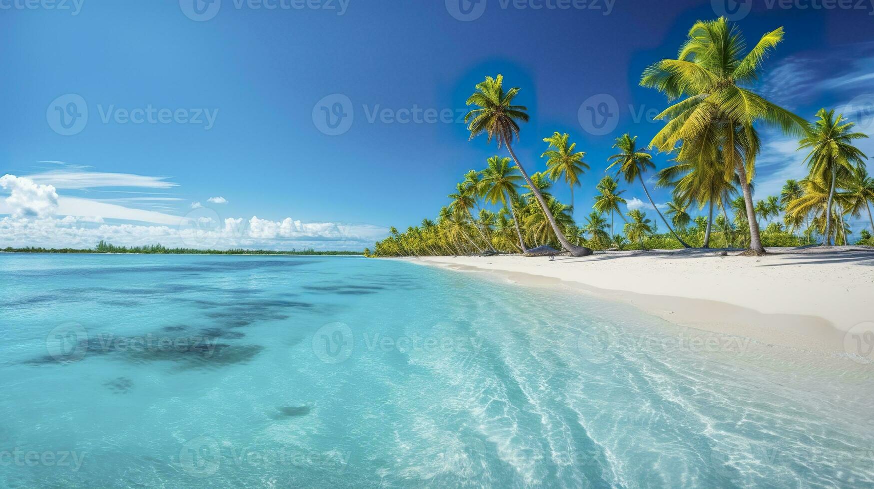 Tropical paradise beach with white sand and crystal clear blue water. Beautiful natural summer vacation holidays background. Travel tourism wide panorama background concept. AI Generative photo