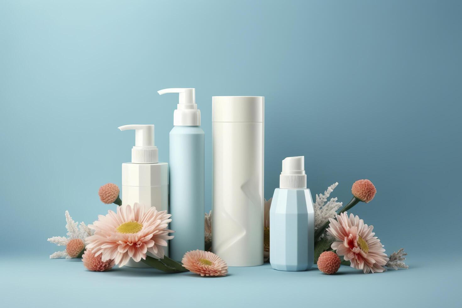 Fresh floral skincare concept. Top view flat lay of pump bottle, pipette, cream bottles, and tubes with flowers on pastel blue background with an empty circle for text or branding. photo