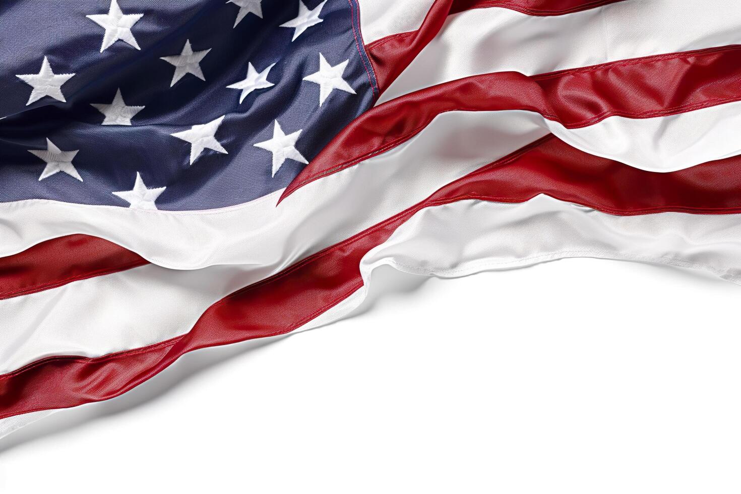 Closeup ruffled American flag isolated. solid white backgroud. photo